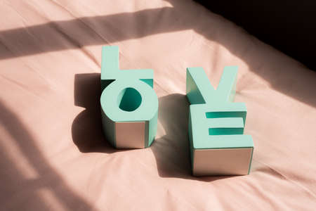 Green wooden letters forming word LOVE putting on pink fabric background.の写真素材