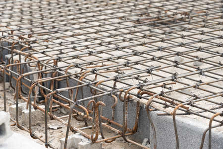 Reinforcement metal framework for concrete pouring. Ready for filling up with concrete.