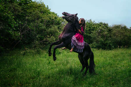 Beautiful woman on a horse dressed in long violet dressの写真素材