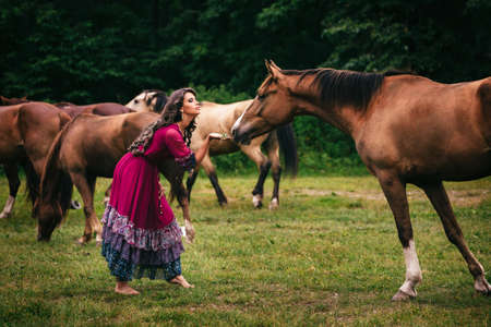 Beautiful gypsy in violet dress with horsesの写真素材