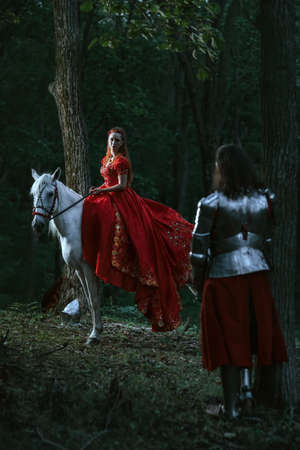 Princess in red dress with horse in forestの写真素材