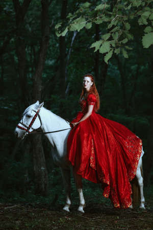 Princess in red dress with horse in forestの写真素材