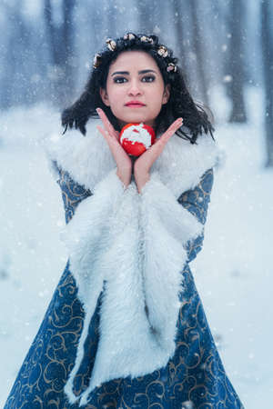 Portrait of young woman dressed in blue coat. She is walking in the winter forest holding a basket with applesの写真素材