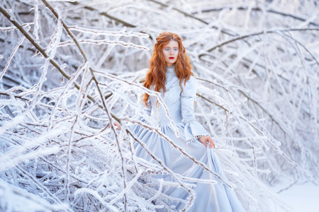 Young redhead woman, a princess, walks in a winter forest in a blue dress.の写真素材