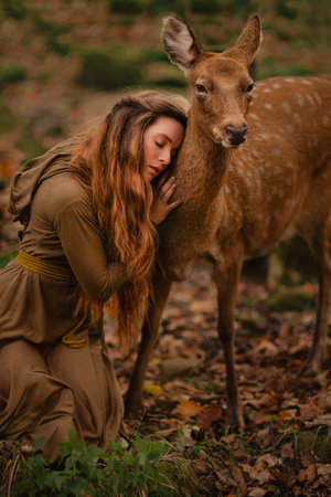 Redhead girl with deer in a long dressの写真素材