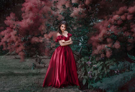Beautiful woman in red dress walking in the garden full of roses.の写真素材