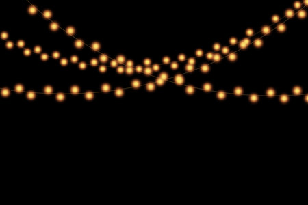 Abstract Christmas lights on black background. Glowing light bulb garland,