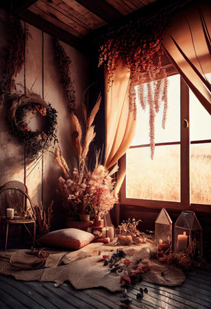 Home interior with beautiful ethnic boho decorationの素材