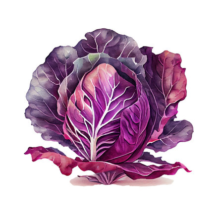 Watercolor painted red cabbage. Fresh food design elements isolated on white background.の素材