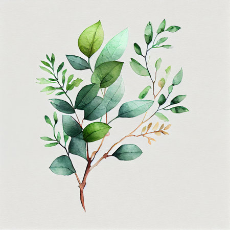 Watercolor twigs and leaves on white backgroundの素材