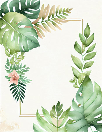 Watercolor frame border. Texture with branches and leavesの素材