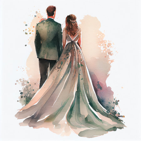 Watercolor illustration of beautiful wedding couple back viewの素材
