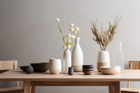 Stylish beige interior of dining room with design wooden table and vase with flowersの素材