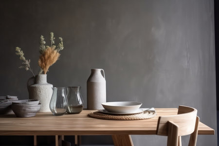 Stylish grey interior of dining room with design wooden table and vase with flowersの素材