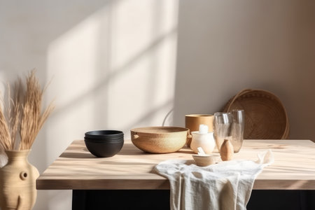 Stylish beige interior of dining room with design wooden table and vase with flowersの素材
