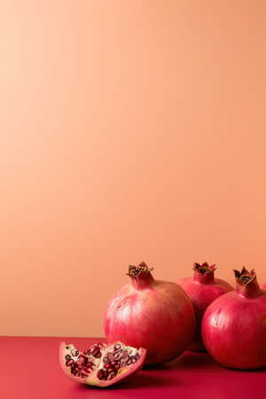 Ripe red pomegranates on a coral backgroundの素材