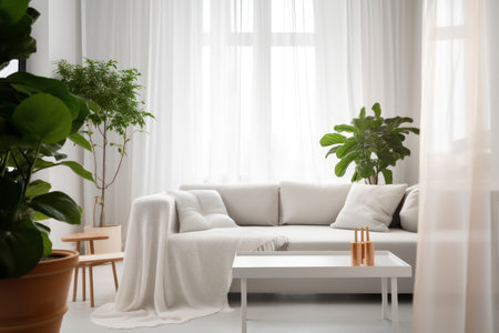 Living room interior with plants and sofa near wooden tableの素材