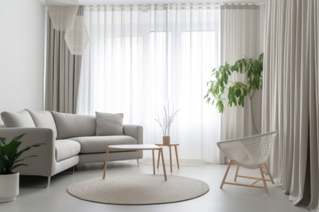 Living room interior with plants and sofa near wooden tableの素材