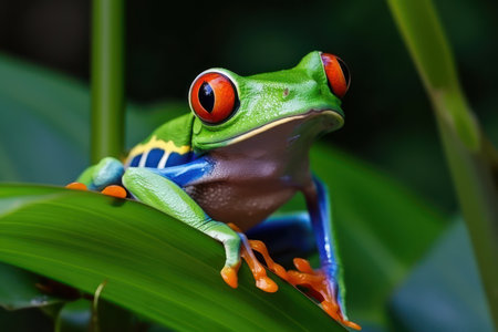 Red-eyed tree frog sitting on green leaves. Generative AIの素材