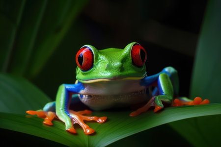 Red-eyed tree frog sitting on green leaves. Generative AIの素材