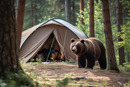 A brown bear stands next to a tourist tent in the middle of a campsite. Generative AIの素材