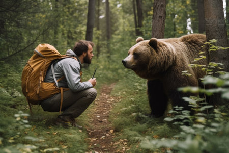 A tourist met a brown bear in the forest Generative AIの素材