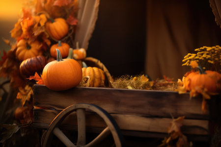 Pumpkin decoration with hay stacks. Halloween backgroundの素材