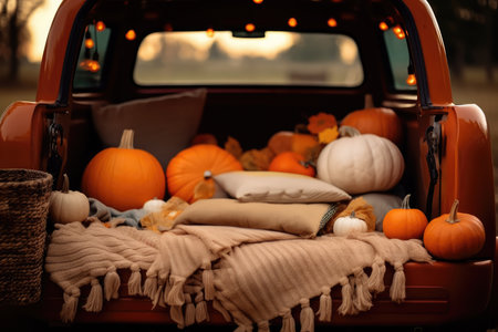 Pumpkin decoration with hay stacks. Halloween backgroundの素材