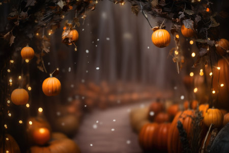 Dark scary Halloween background with orange pumpkinsの素材