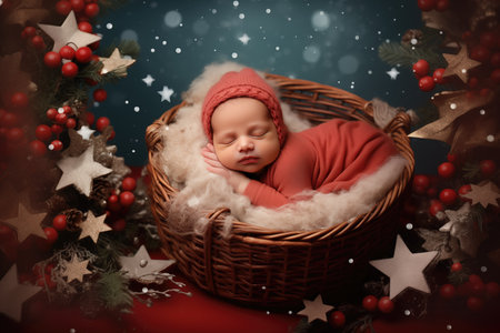 First photo shoot of a newborn child. Christmas card with babyの素材