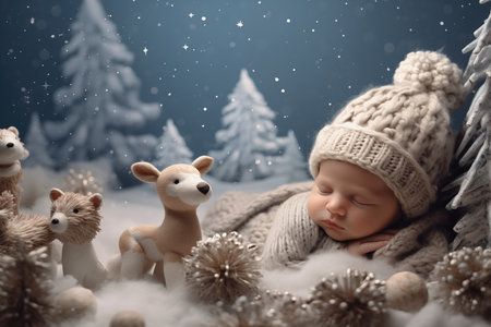 First photo shoot of a newborn child. Christmas card with babyの素材