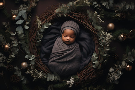 First photo shoot of a newborn child. Christmas card with babyの素材