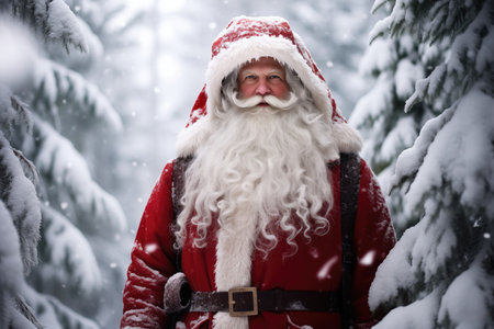 Kind Santa Claus dressed in red in a beautiful winter forestの素材