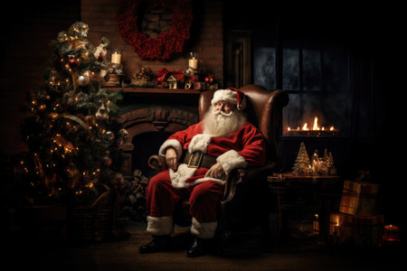 Kind Santa Claus in a beautiful room near the fireplace and Christmas tree sits with gifts.の素材