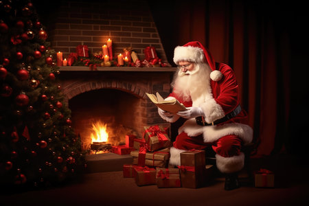 Kind Santa Claus in a beautiful room near the fireplace and Christmas tree sits with gifts.の素材
