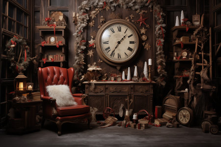 Christmas interior with bookshelves, fireplace, Christmas tree, gift boxesの素材