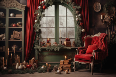 Christmas interior with bookshelves, fireplace, Christmas tree, gift boxesの素材