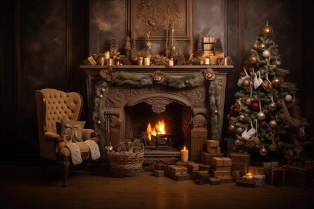 Christmas interior with bookshelves, fireplace, Christmas tree, gift boxesの素材