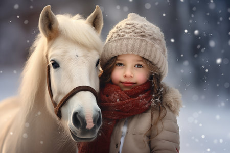 Little girl and beautiful horse in winter forestの素材