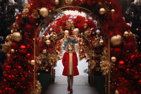 Little adorable girl in Christmas decorated arch in winterの素材