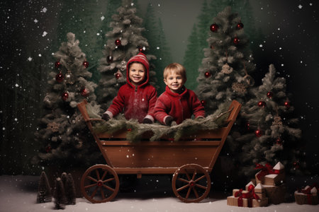 Little boy on decorated christmas winter backgroundの素材