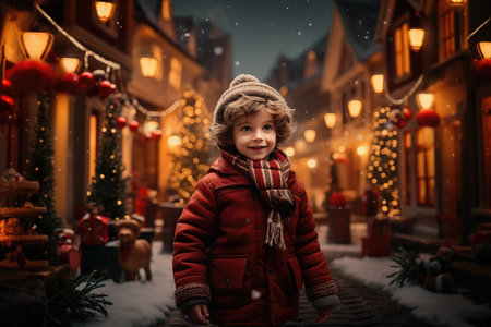 Little boy on decorated christmas winter backgroundの素材