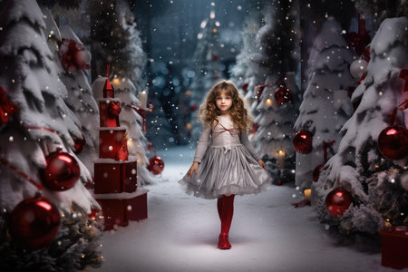 Little girl on decorated christmas winter backgroundの素材