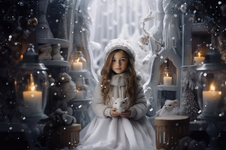 Little girl on decorated christmas winter backgroundの素材