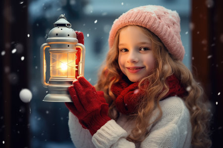 Little girl on decorated christmas winter backgroundの素材