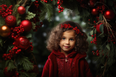 Little girl on decorated christmas winter backgroundの素材