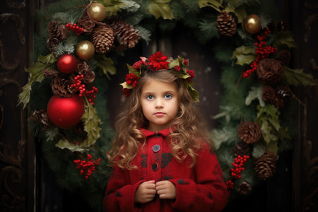 Little girl on decorated christmas winter backgroundの素材