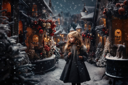 Little girl on decorated christmas winter backgroundの素材