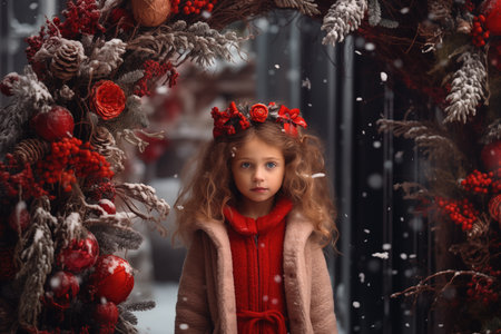 Little girl on decorated christmas winter backgroundの素材