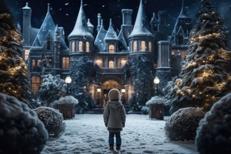 Little girl on decorated christmas winter backgroundの素材